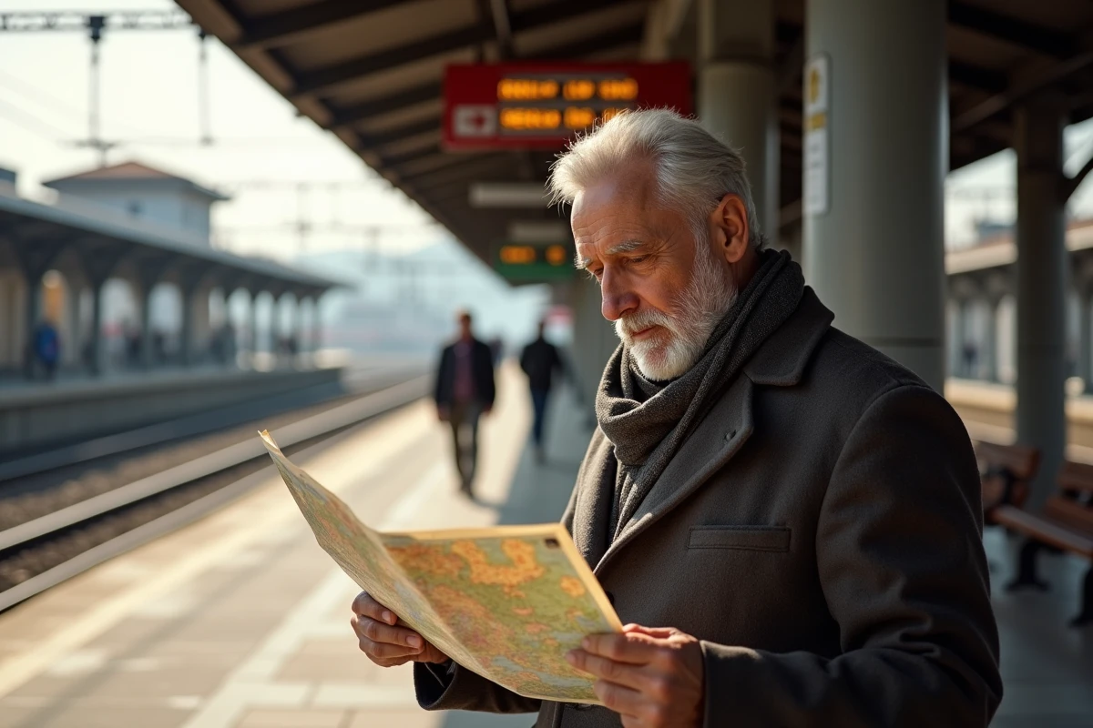Homme âgé examinant une carte ferroviaire en Italie