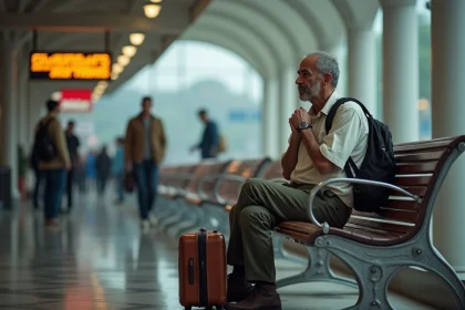 Homme voyageur assis sur un banc dans une gare