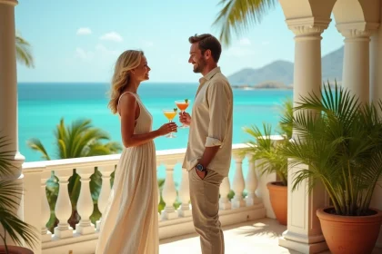 Couple profitant d'un balcon privé dans un hôtel 4 étoiles en Guadeloupe avec vue sur la mer des Caraïbes