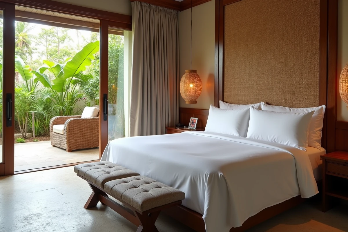 Suite luxueuse d'un hôtel 4 étoiles en Guadeloupe avec décoration créole et terrasse privée sur jardin tropical