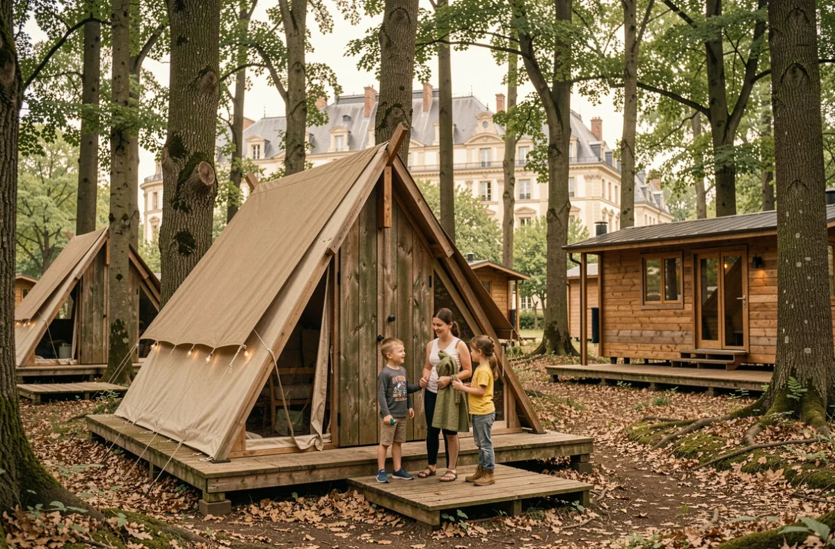 Famille profitant d'un hébergement en pleine forêt au camping Huttopia Versailles