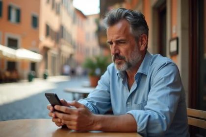 Homme italien composant un numéro de téléphone avec l'indicatif +39 sur son smartphone dans un café romain