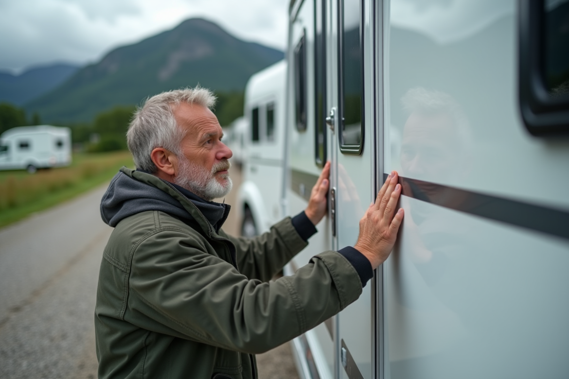 Homme inspectant le joint d'un motorhome en camping