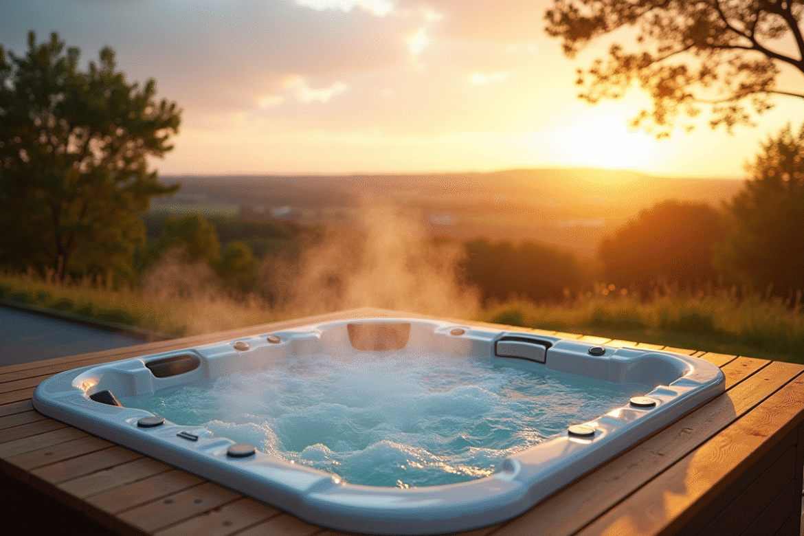 Jacuzzi privé en extérieur sur terrasse en bois en Normandie
