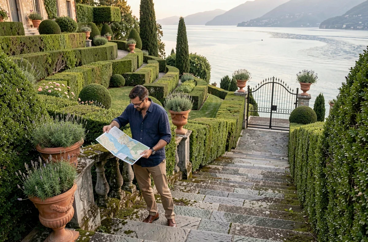 Visiteur consultant un guide dans les jardins en terrasse de la Villa del Balbianello, cadre iconique de Star Wars