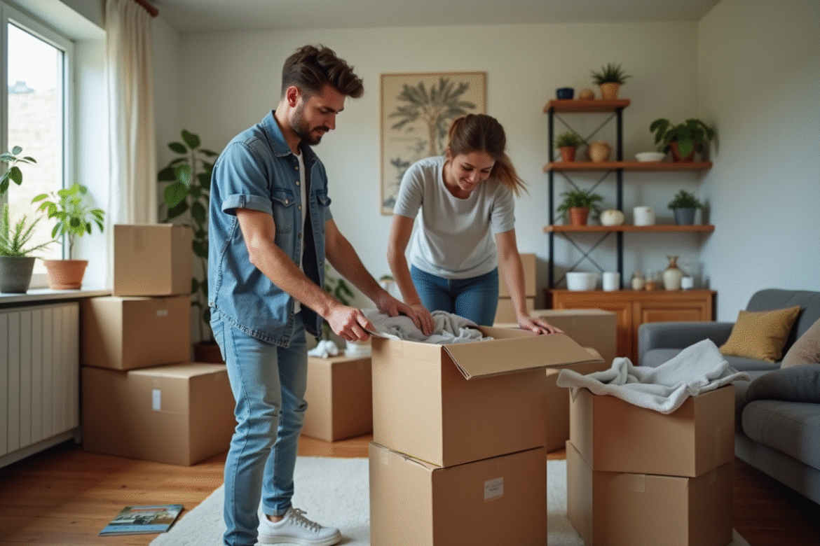 Jeune couple organisant leur déménagement dans le salon