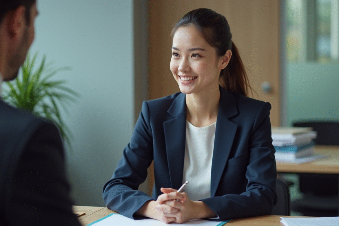 Femme en blazer navy au bureau lors d'une réunion professionnelle