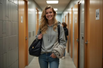 Jeune femme souriante dans une salle de bain d'auberge