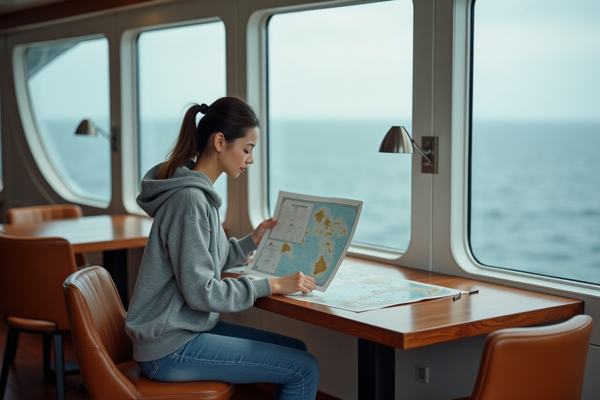 Jeune femme lisant une carte maritime à bord du ferry