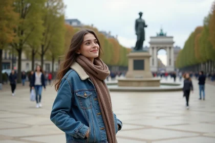 Jeune femme près de la statue Marianne à Paris