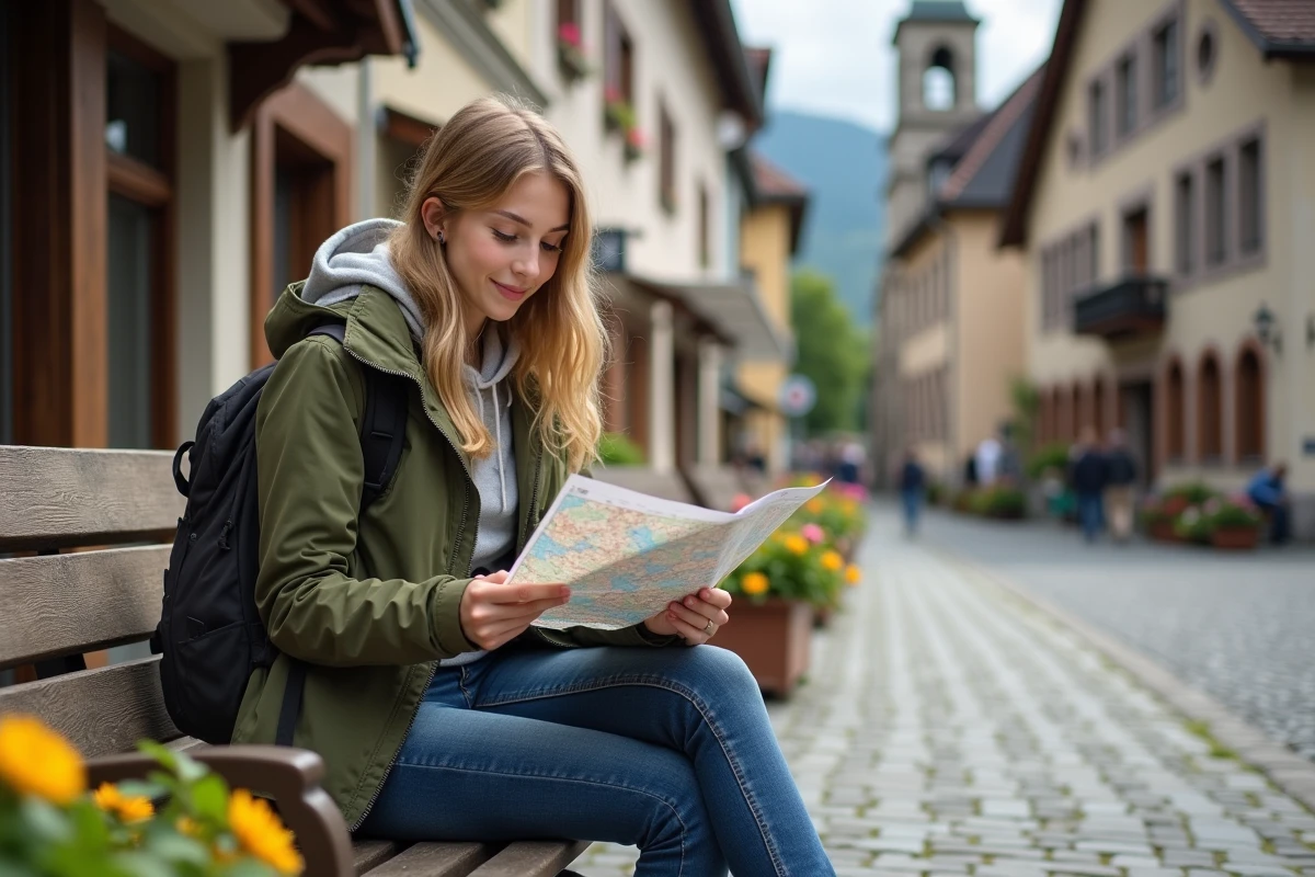 Jeune femme en randonnée lisant une carte dans le village