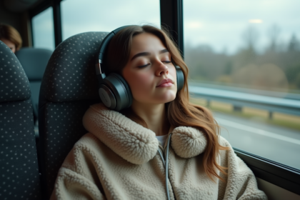 Jeune femme dormant dans un bus avec casque et coussin