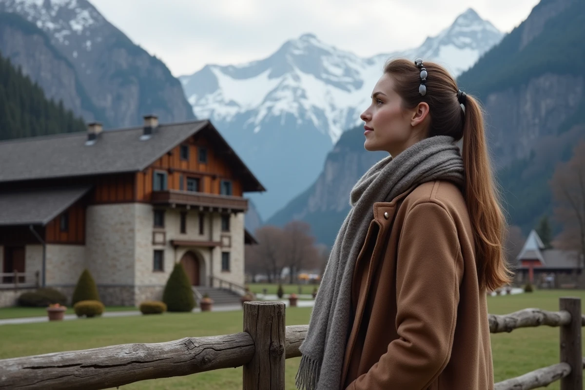 Jeune femme admirant le theatre Passion Play à Oberammergau