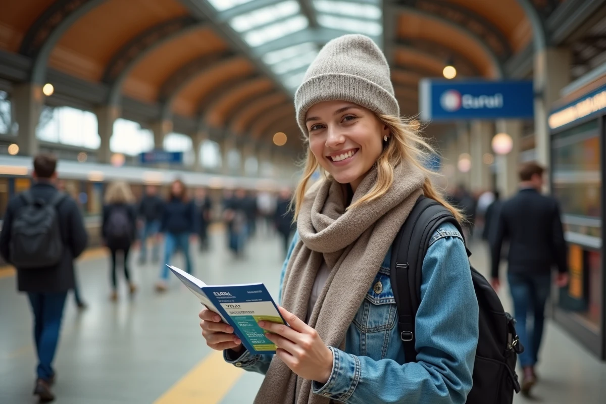 Jeune femme souriante avec Eurail dans une gare française