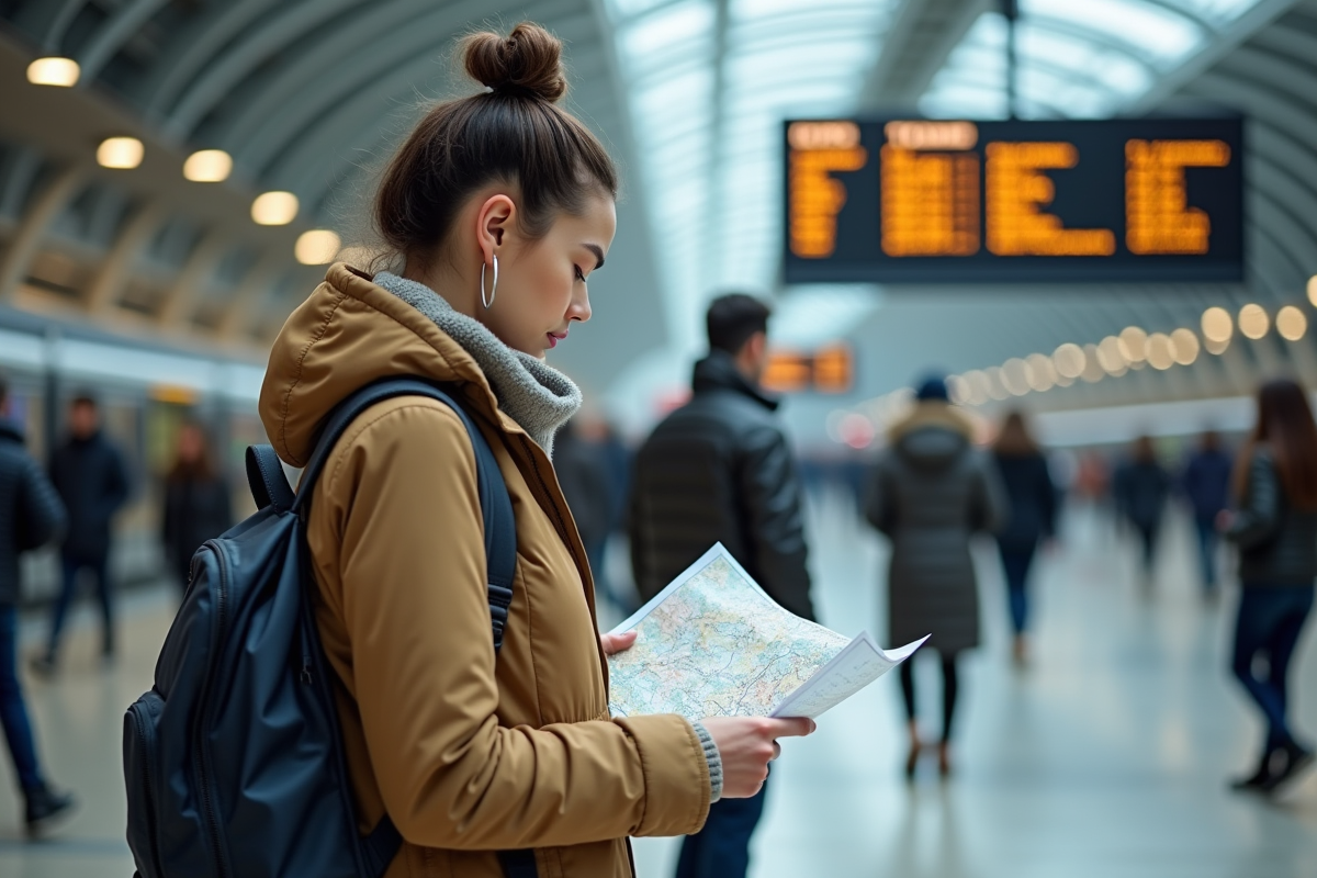 Jeune femme avec sac à dos consulte une carte dans une gare