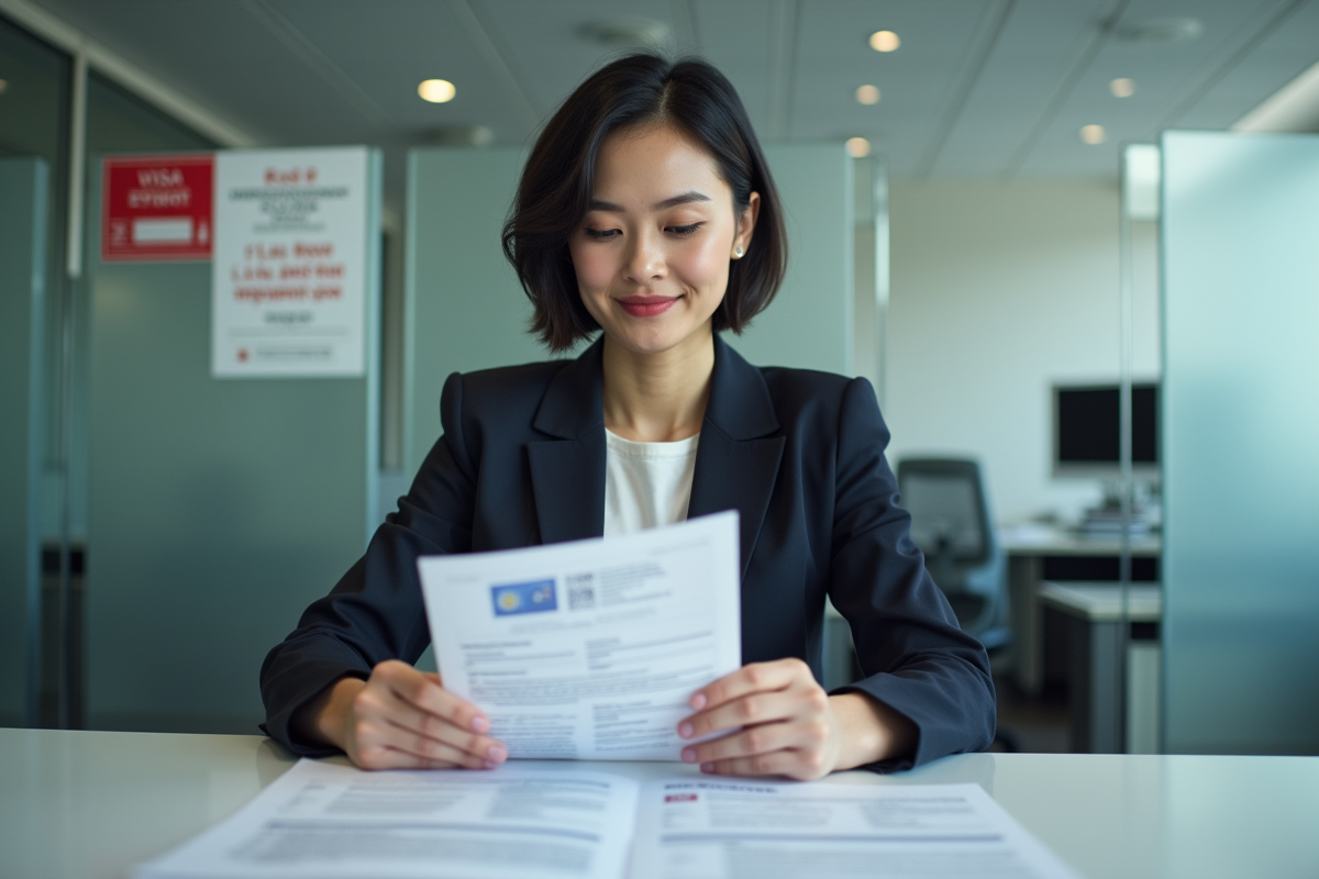 Jeune femme examinant documents de visa au bureau