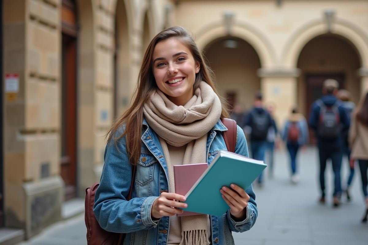 Jeune femme souriante avec documents de voyage devant universite
