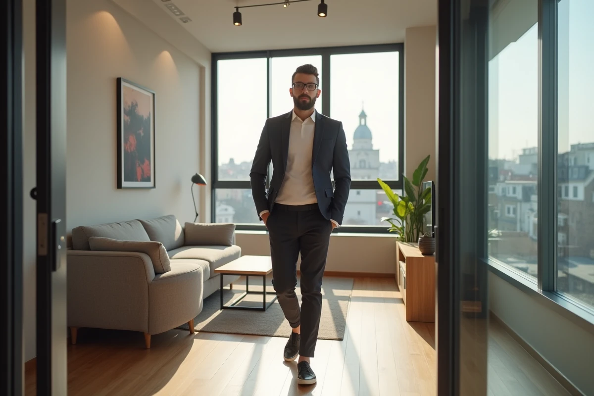 Jeune homme entrant dans un appartement moderne en ville