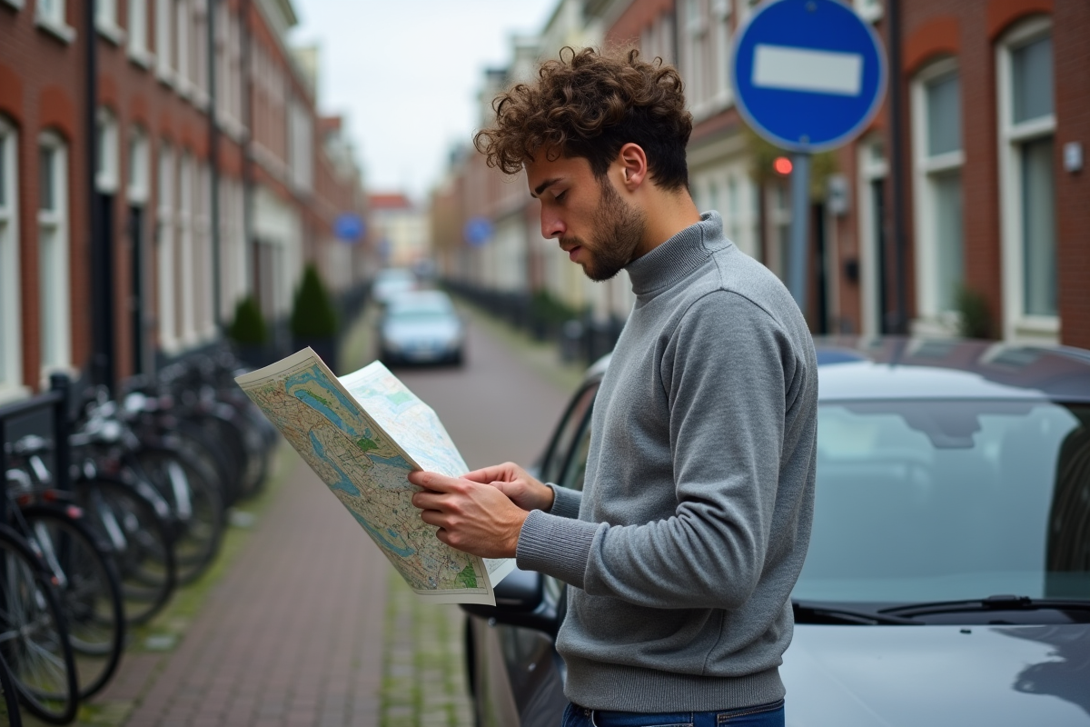Jeune homme regardant une carte près d