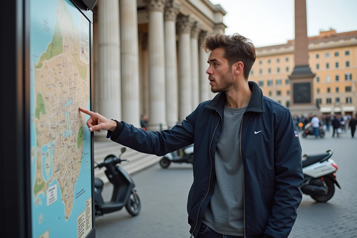 Jeune homme consultant une carte de Rome devant la Piazza Venezia et le monument à Victor-Emmanuel II