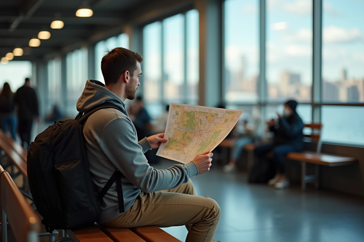 Jeune homme avec carte à la station de ferry de Staten Island