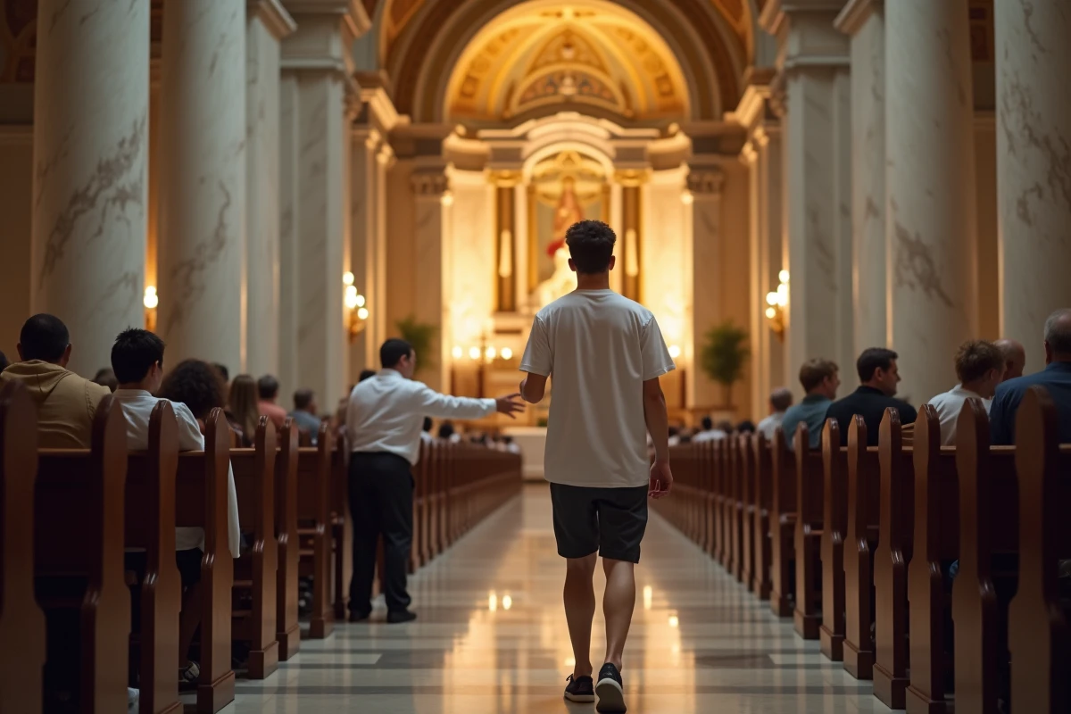 Jeune homme avec un agent dans la cathédrale