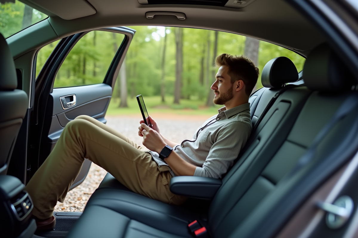 Jeune homme relaxe dans une voiture en forêt