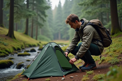 Jeune homme en forêt installant une tente légère