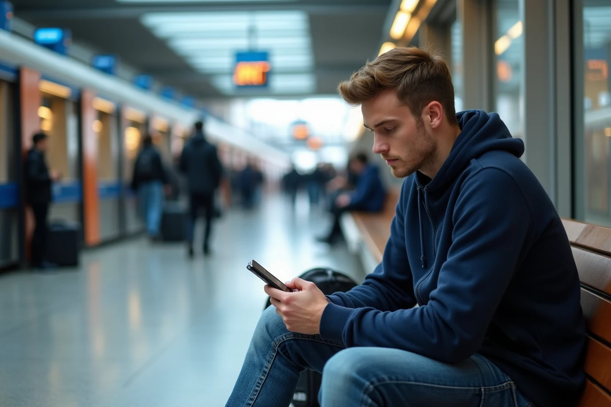 Jeune homme en jeans et hoodie dans la gare avec smartphone