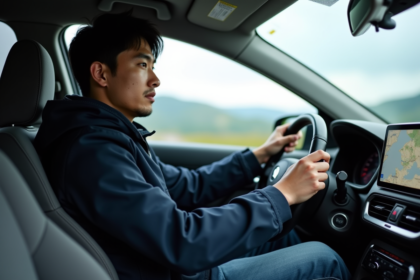 Jeune homme japonais dans sa voiture moderne en voyage