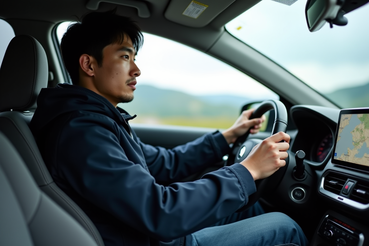 Jeune homme japonais dans sa voiture moderne en voyage