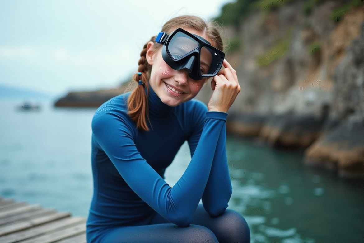 Jeune fille en combinaison de plongée bleue ajuste son équipement sur un pont en bois