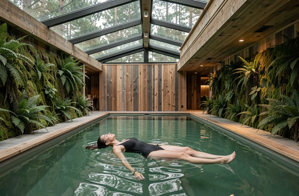 Piscine intérieure éco-spa de La Grée des Landes à La Gacilly avec mur végétal et verrière forestière