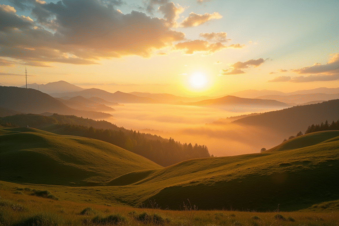 Coucher de soleil sur le Plateau de Beille avec montagnes et vallées