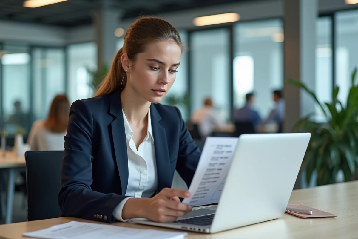 Femme professionnelle consultant une liste de numéros de téléphone italiens formatés avec l'indicatif 0039 dans un bureau moderne à Milan