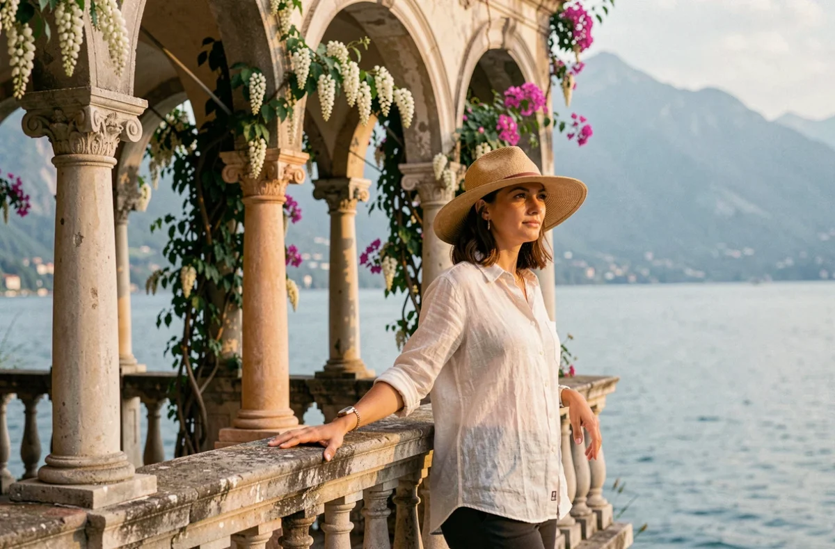 Touriste sous la loggia de la Villa del Balbianello, lieu de tournage de Star Wars épisode II