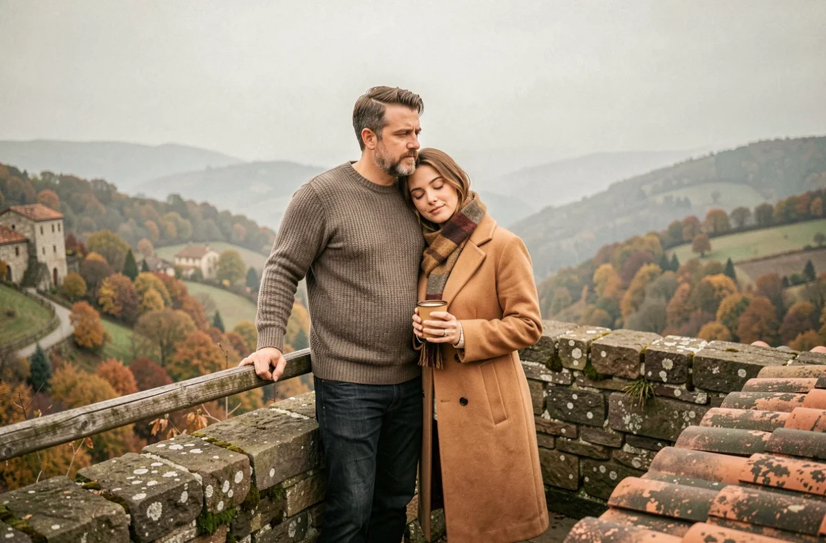 Couple en lune de miel automne dans un village européen perché sous la brume de saison