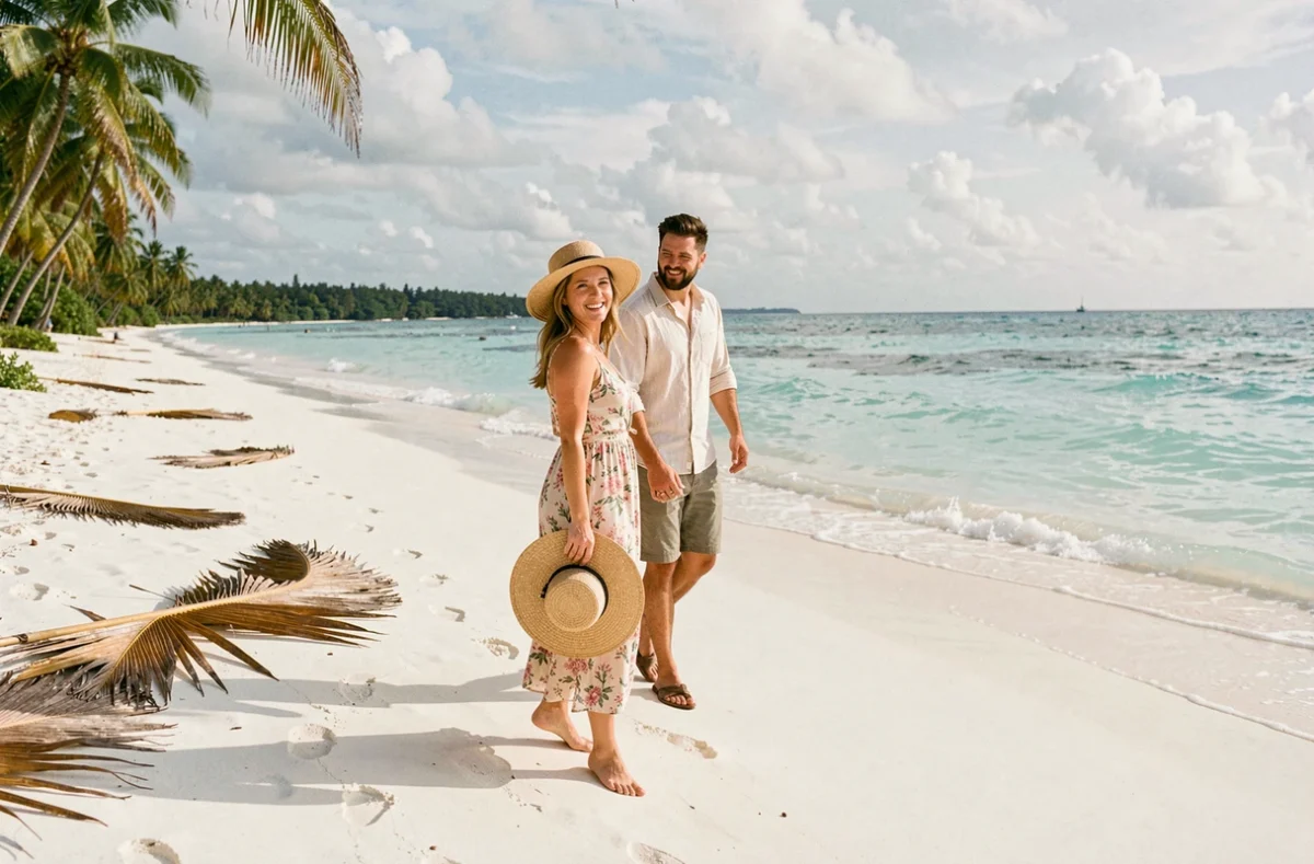 Femme en robe fleurie sur une plage tropicale déserte pendant une lune de miel en basse saison