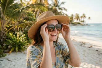 Femme portant des lunettes de soleil oversize en écaille sur une plage tropicale avec palmiers et eau turquoise en arrière-plan