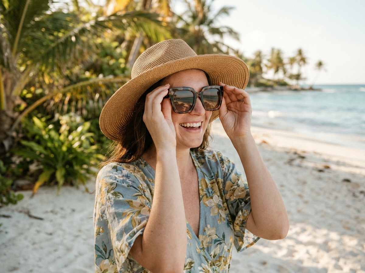 Femme portant des lunettes de soleil oversize en écaille sur une plage tropicale avec palmiers et eau turquoise en arrière-plan