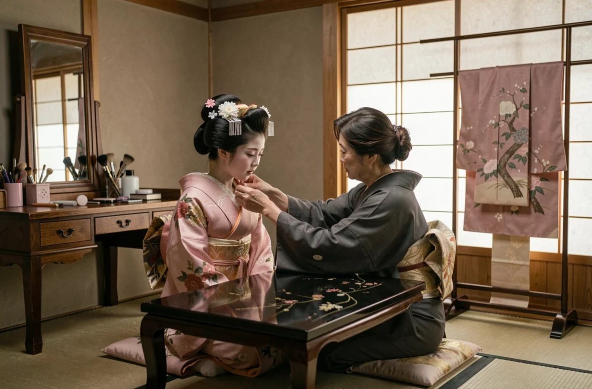 Scène intergénérationnelle entre une maiko en tenue de cérémonie et une okāsan l'habillant dans une loge d'okiya japonaise