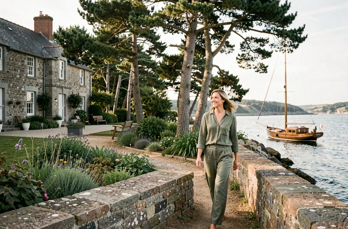 Manoir de Lan Kerellec à Trébeurden avec jardin en terrasse donnant sur une baie bretonne