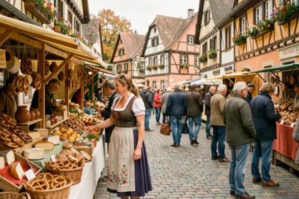 Marché alsacien animé avec une femme en tenue traditionnelle explorant des étals de produits locaux dans un village à colombages