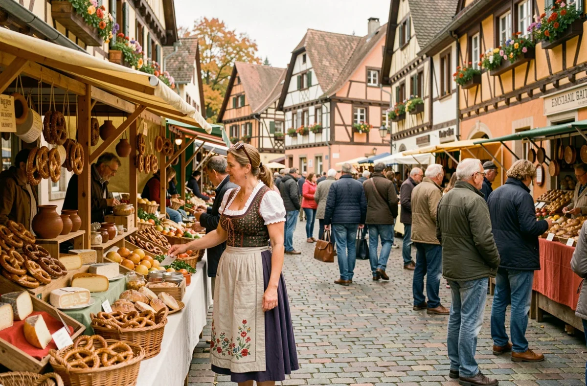 Marché alsacien animé avec une femme en tenue traditionnelle explorant des étals de produits locaux dans un village à colombages