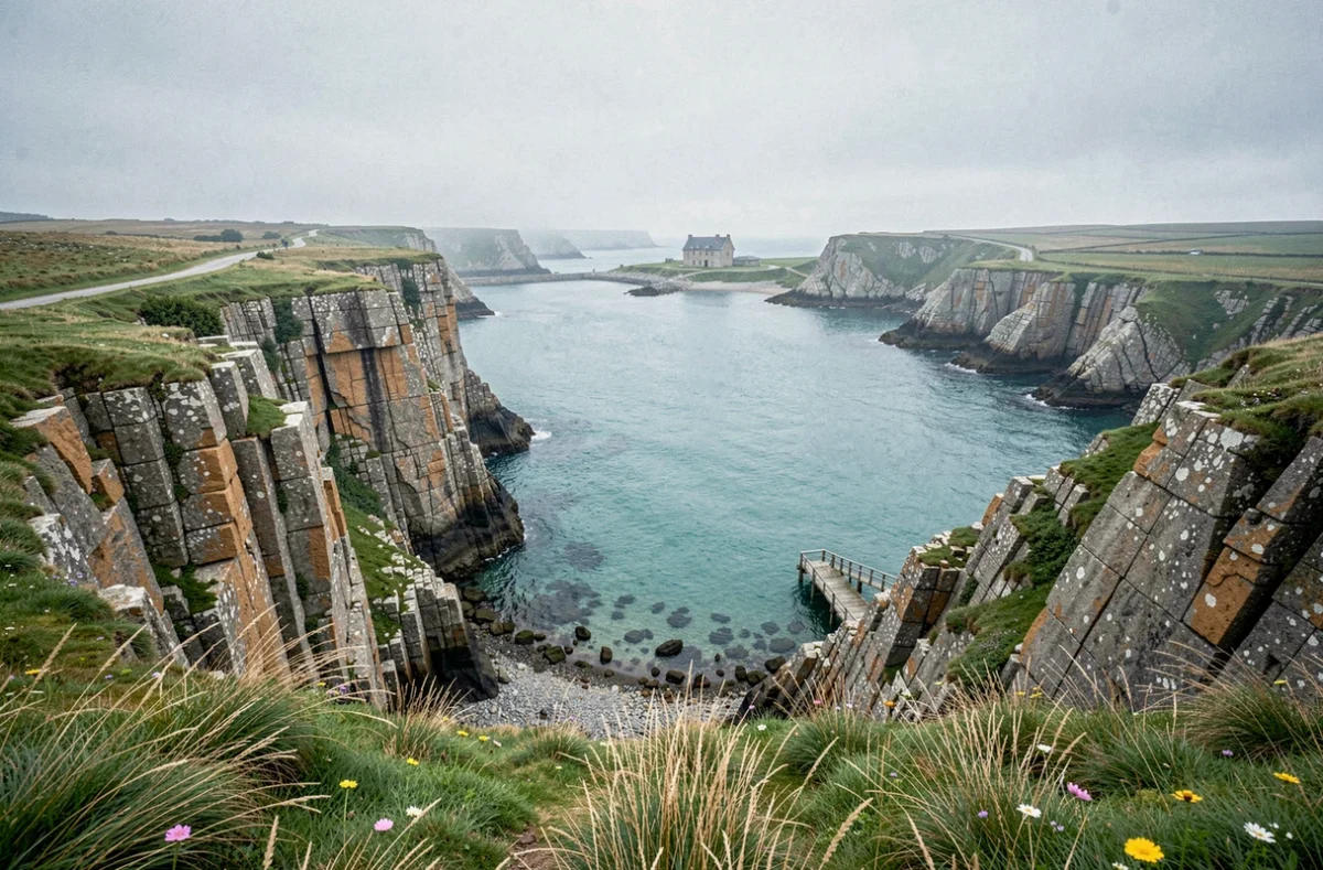 Paysage côtier romantique en Bretagne avec falaises de granit, baie turquoise et manoir en arrière-plan