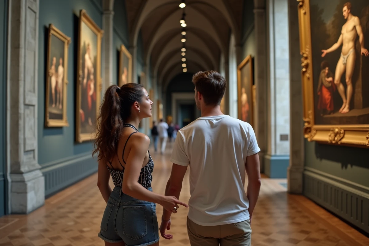 Couple visitant les collections du Musée Ingres-Bourdelle à Montauban dans une salle aux murs en pierre ancienne
