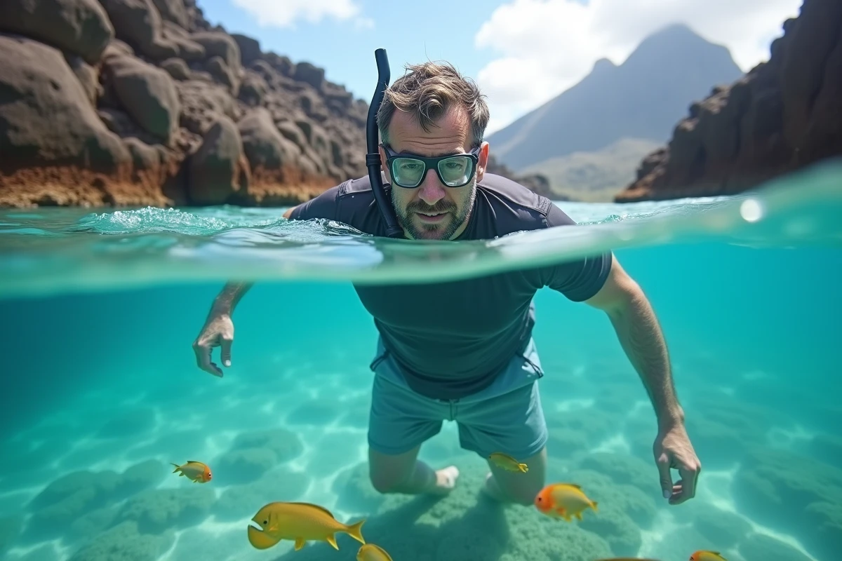 Homme nageant avec tuba dans lagon de Réunion