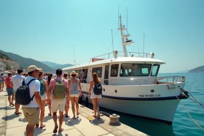 Groupe de touristes faisant la queue pour embarquer sur une navette maritime vers l'île de Porquerolles depuis le port de La Tour Fondue