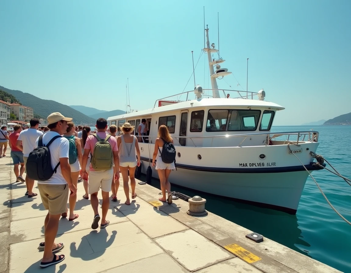 Groupe de touristes faisant la queue pour embarquer sur une navette maritime vers l'île de Porquerolles depuis le port de La Tour Fondue