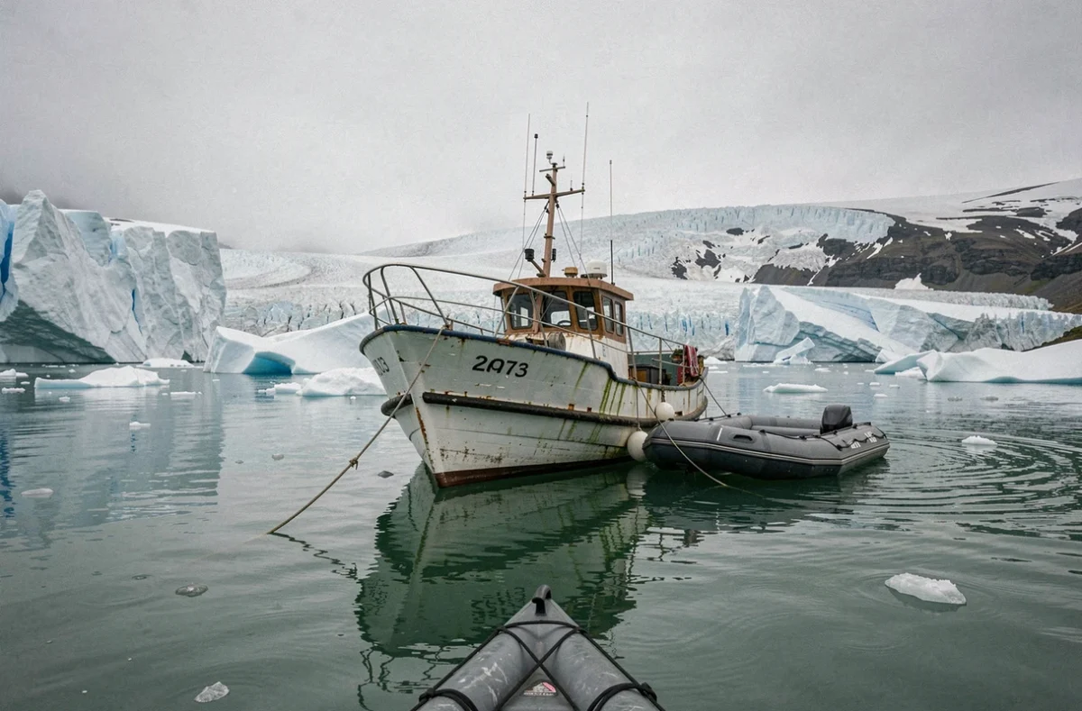 Navire de croisière d'expédition ancré dans un lagon glaciaire islandais entouré d'icebergs bleutés